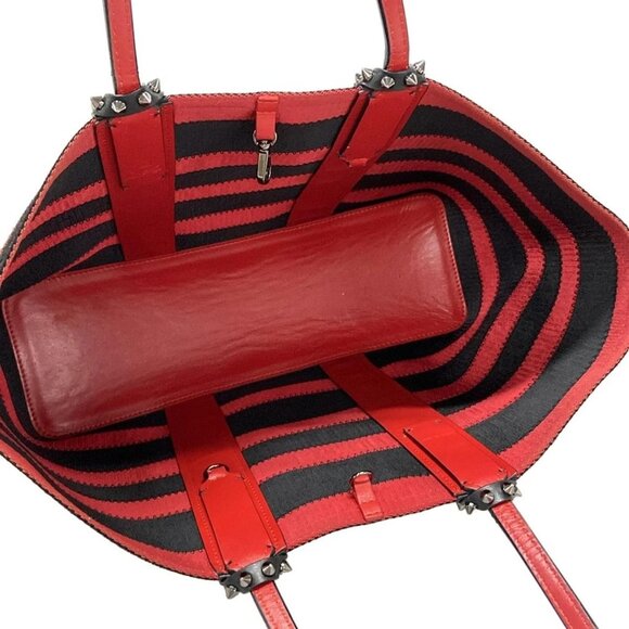 Auth CHRISTIAN LOUBOUTIN Cabata Small Red Black Jacquard Leather Tote Bag - Picture 10 of 16